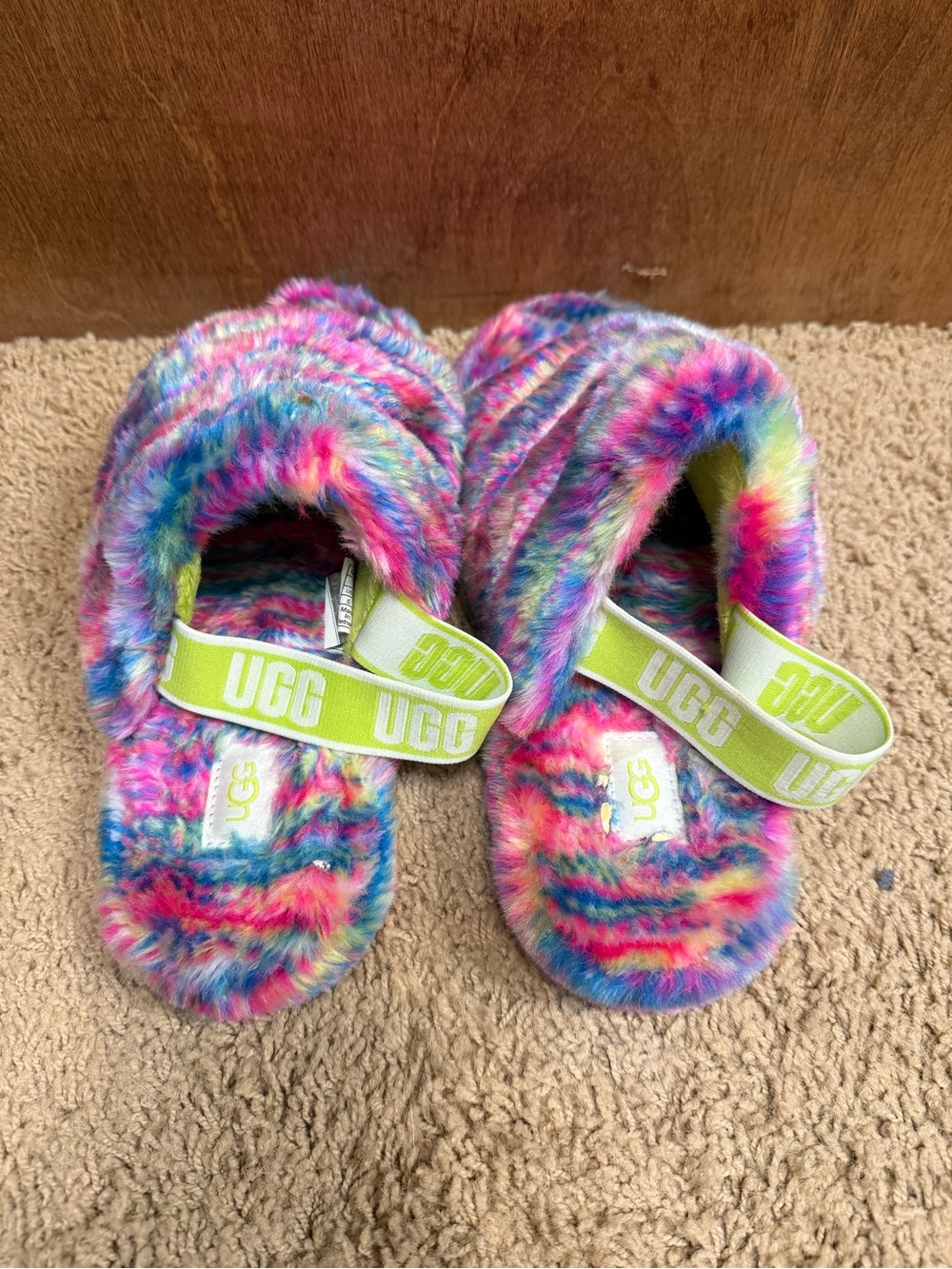 UGG Kids Rainbow Fuzzy Slide with Neon Lime Strap